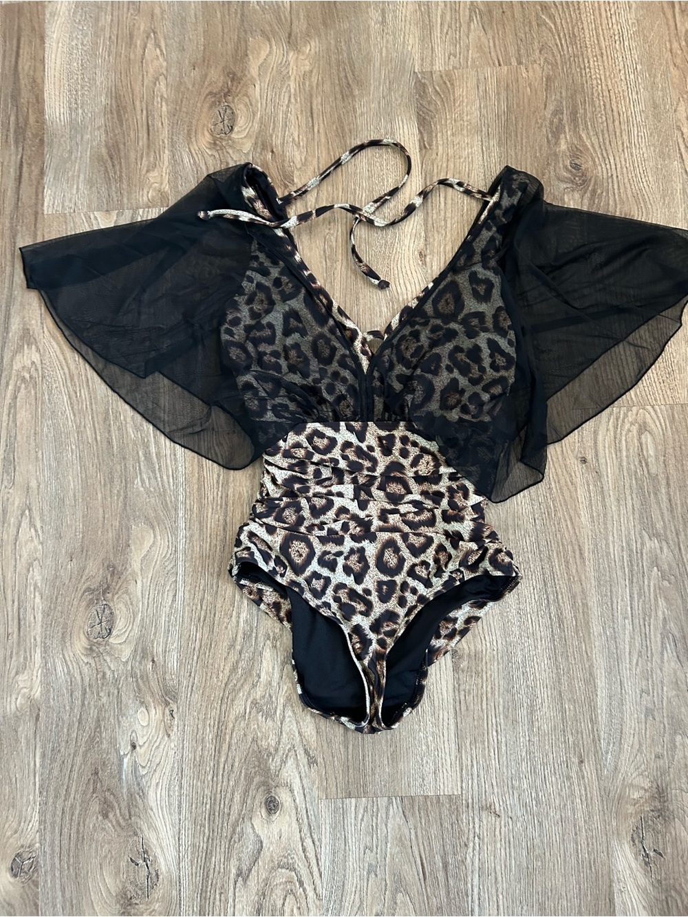 NWOT Leopard Print One-Piece Swimsuit with Sheer Black Ruffle Sleeves